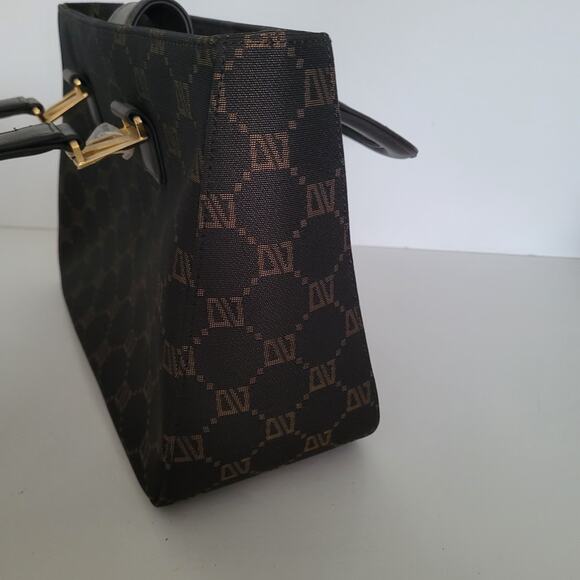 DIANA VALENTINO Study Handbag Tote Bag Brown Canvas Monogramed Medium Vintage - Picture 3 of 8